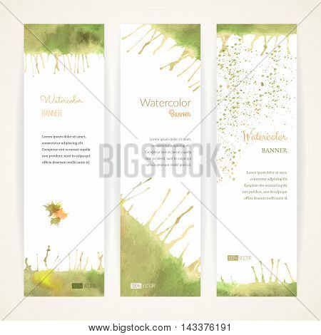 Set of hand painted watercolor vertical banners. Colorful abstract green yellow and orange brush stocks and splashes on a white backgrounds. Modern style graphic design template. Marketing concept.