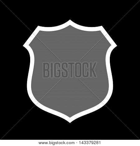 Shield icon. Gray sign isolated on black background. Symbol of protection arms coat and honor security safety. Flat graphic design. Medieval heraldic emblem. Vector illustration