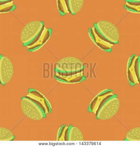 Hamburger Seamless Pattern on Orange Background. Set of Sandwiches. Unhealthy Fast Food