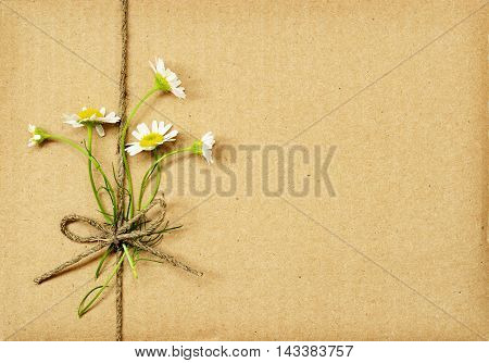 Brown cardboard package tied with daisy flowers bouquet and rope. Summer present.