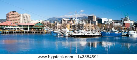 Hobart, Tasmania - Sept 25: View towards Mt Wellington over the wharf area in Hobart, Tasmania, Australia on September 25th 2007