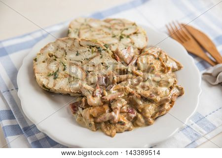 German Bread Dumplings with chanterelle mushroom sauce