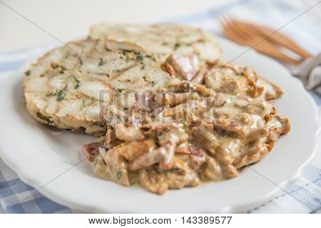 German Bread Dumplings with chanterelle mushroom sauce