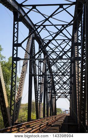 old rail way bridge vintage Metal railway bridge viaduct Bang Saphan Prachuab Thailand.