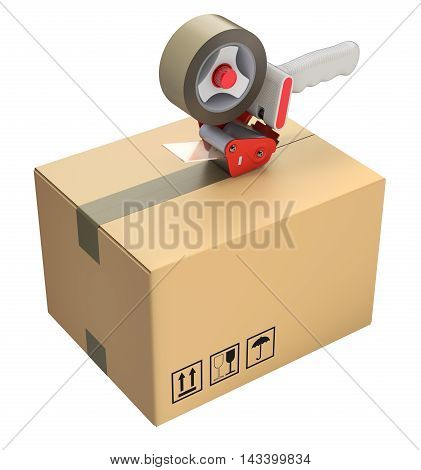 Packaging tape dispenser and cardboard box isolated on white background - 3D illustration