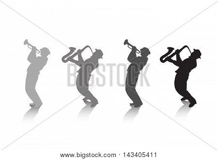 Trumpeter and saxophonist Music background. Abstract illustration. Black and grey silhouettes with shadow on white background. Jazz festival. For Web, Print, Art, Music design. Advertising