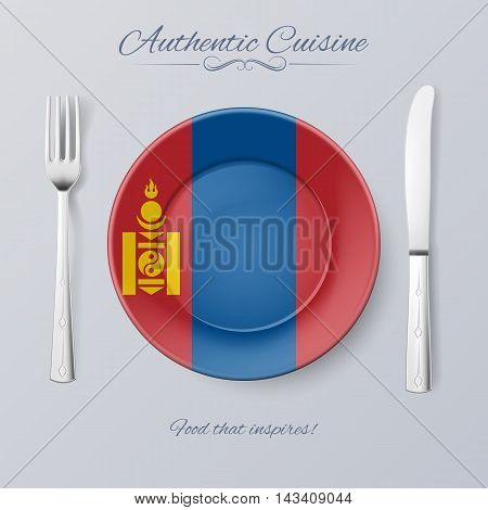 Authentic Cuisine of Mongolia. Plate with Mongolian Flag and Cutlery, vector