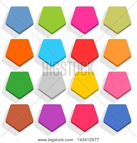 16 blank icon in flat style. Pentagon 3D button with shadow on white background. Blue red yellow gray green pink orange brown violet colors. Vector illustration web design element in 8 eps