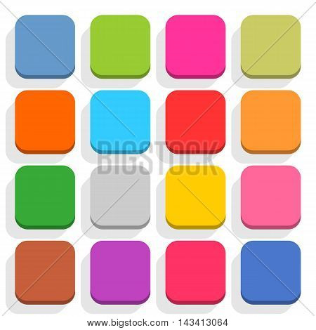 16 blank icon in flat style. Rounded square 3D button with shadow on white background. Blue red yellow gray green pink orange brown violet colors. Vector illustration web design element 8 eps