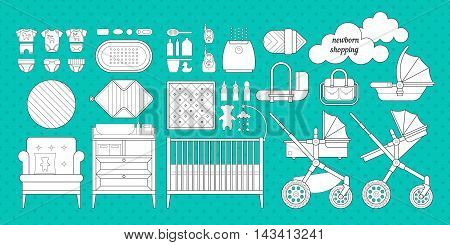 Retail and wholesale kids shop. Cribs, baby stroller, childrens clothing, toys and other baby stuff for a newborn. Vector kids shopping list set in flat style.