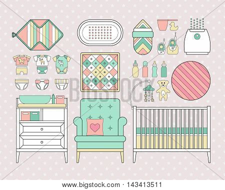 Baby care set. Vector products for a newborn. Cribs baby stroller childrens clothing toys and other baby stuff for a newborn. Vector baby shower stuff.