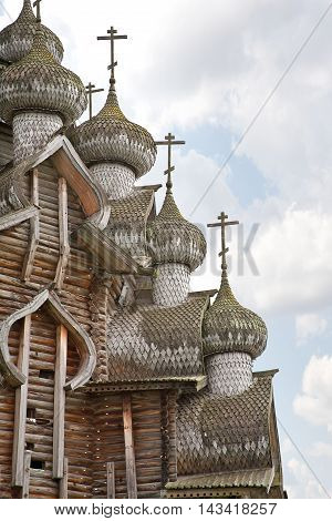 KIZHI RUSSIA - August 09.2008: Domes famous wooden Church of the Transfiguration in the architectural museum on Kizhi Pogost