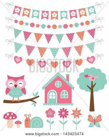 Pink bunting flags and nature cartoons set