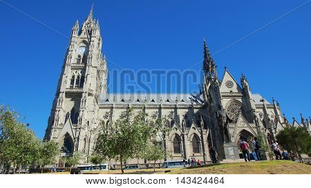 Quito, Pichincha / Ecuador - August 20 2016: Tourists in the Basilica of the National Vow is located in the historic center of Quito. It is the largest neo-Gothic basilica in the Americas