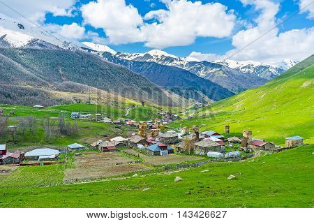 The picturesque Enguri gorge with the old stone towers of Ushguli Upper Svaneti Georgia.