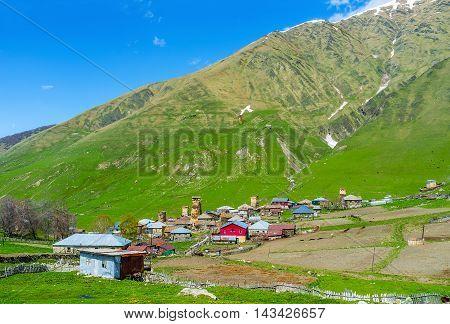 The beautiful Svan village of Zhibiani in Enguri gorge with the view on the juicy green slopes with grazing cows and horses Ushguli Upper Svaneti Georgia.
