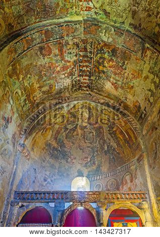 USHGULI GEORGIA - MAY 22 2016: The old crumbling frescoes on the ceiling of Lamaria Church on May 22 in Ushguli.