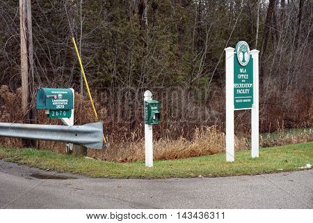WEQUETONSING, MICHIGAN / UNITED STATES - DECEMBER 22, 2015: The mailbox of the Wequetonsing Landowners' Association stands on Pennsylvania Avenue in Wequetonsing.
