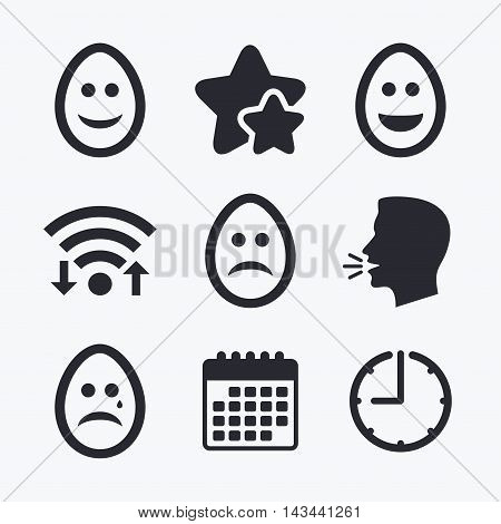 Eggs happy and sad faces icons. Crying smiley with tear symbols. Tradition Easter Pasch signs. Wifi internet, favorite stars, calendar and clock. Talking head. Vector