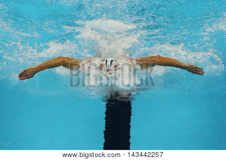 RIO DE JANEIRO, BRAZIL - AUGUST 10, 2016:Olympic champion Michael Phelps of United States competes at the Men's 200m individual medley of the Rio 2016 Olympic Games at the Olympic Aquatics Stadium