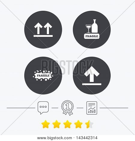 Fragile icons. Delicate package delivery signs. This side up arrows symbol. Chat, award medal and report linear icons. Star vote ranking. Vector