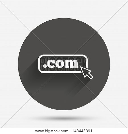 Domain COM sign icon. Top-level internet domain symbol with cursor pointer. Circle flat button with shadow. Vector