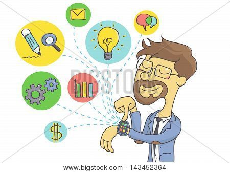 Wearable technology for businessmen. Business man planning business on smart watch. vector