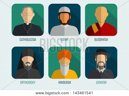 World religions monk people icons. Flat design style. Vector illustration