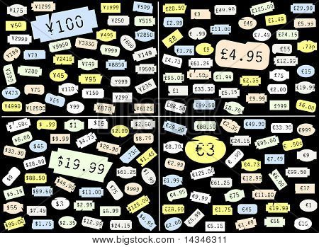 Conjunto de etiquetas de precio básico en dólares, sterling, euros y yenes