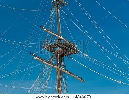 Masts of old Wooden Galleon, Port of Alicante, Spain