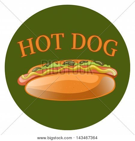 Hot Dog Cartoon Illustration. Classic american fast food - sausage with mustard in a bun. Hotdog sandwich. Vector isolated icon of hot-dog for poster menus brochure web and mobile application.