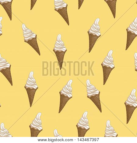 Ice cream waffle cones seamless pattern. Stylized vector illustration. Colorful melting ice-cream. Sweet dessert on soft yellow background. Vector illustration.
