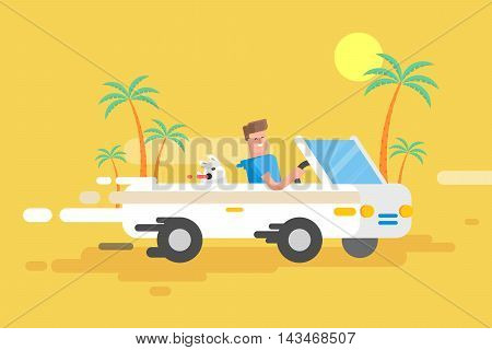 Stock vector illustration happy guy drives a white convertible, man and his dog rushes by car among a palm trees on a yellow background in a flat style