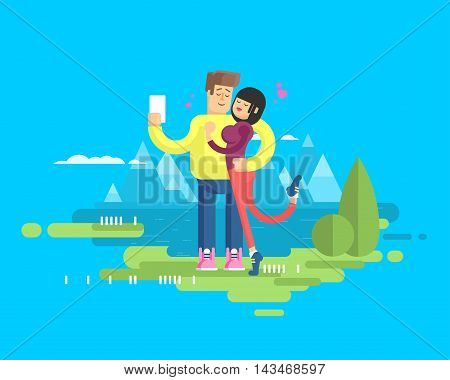 Stock vector illustration of a happy married couple on vacation, man and woman embrace and make selfie on the background of the lake and snow-capped mountains in the flat style