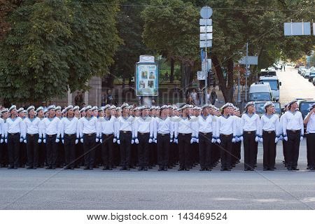 Kiev Ukraine - 19 August 2016: Cadets of navav forces preparing for parade at Kreschatyk street which will take place on the 24-rd of August dedicated to the 25-th anniversary of Independence of Ukraine.