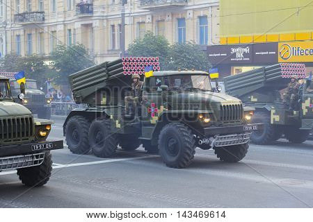Kiev Ukraine - 19 August 2016: Artillery (BM-21 Grad) parade repetition for the 25-th anniversary of Independence of Ukraine.