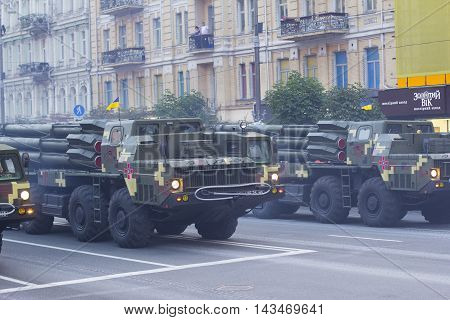 Kiev Ukraine - 19 August 2016: Artillery (BM-30 Smerch) parade repetition for the 25-th anniversary of Independence of Ukraine.