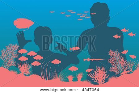 可编辑矢量插画的母亲和儿子看水族馆的鱼