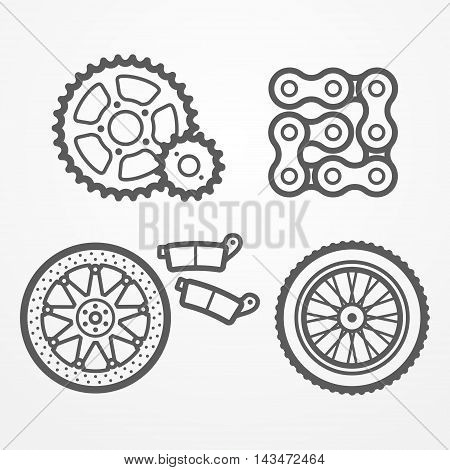 Collection of motorcycle parts icons in line style. Sprockets, chain, wheel and brake disc with pads. Motorcycle store vector stock image.