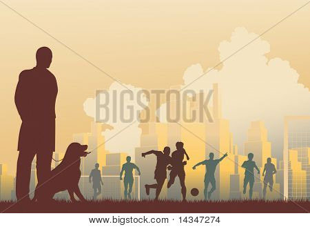 Illustration vectoriels éditables d'un homme regardant des footballeurs