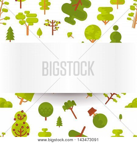 Stock vector illustration seamless pattern with green trees and bushes on a white background in a flat style with bare banner or strip of paper for Environmental Design, eco style, ecology
