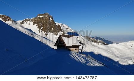 Winter scene in the Swiss Alps. Morning in the Flumserberg ski area.
