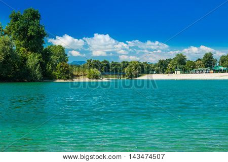 Beautiful Jarun lake in Zagreb, Croatia, sunny summer day