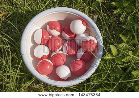 Thailand - August 20, 2016: Group of pokeball on grass (Pokemon Ball). Pokeball toy of the game Pokemon Go at Thailand.