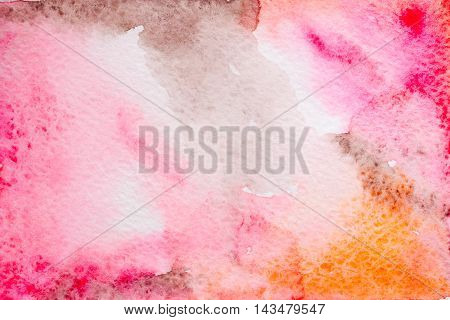 Abstract background original art watercolor painting. Paper texture with pink red brown and orange stains. Colorful handmade technique aquarelle.