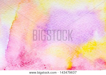 Abstract background original art watercolor painting. Paper texture pink red yellow purple and orange stains. Colorful handmade technique aquarelle.