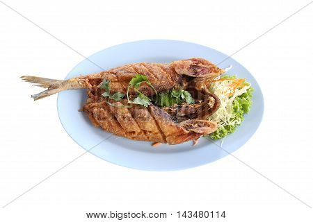 Fried Seriola fish in blue dish isolated on white background.