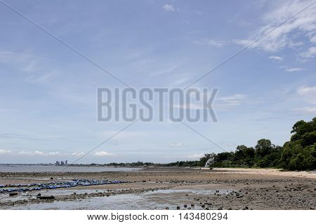 Seaside of Coast Beach on time low tide and blue sky background.