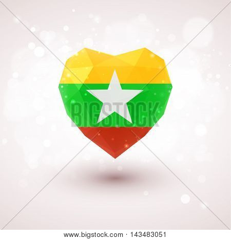 Flag of Myanmar in shape of diamond glass heart in triangulation style for info graphics, greeting card, celebration of Independence Day, printed materialsFlag of Laos in shape of diamond glass heart in triangulation style for info graphics, greeting card