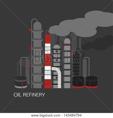 Oil refinery or chemical plant image. Vector illustration im black, red and grey colors on a dark grey background. Oil patch symbol